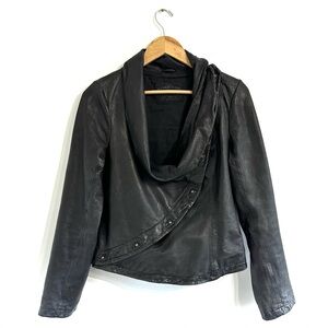 All Saints Damrey Jacket Leather black moto scoop neck asymmetrical
